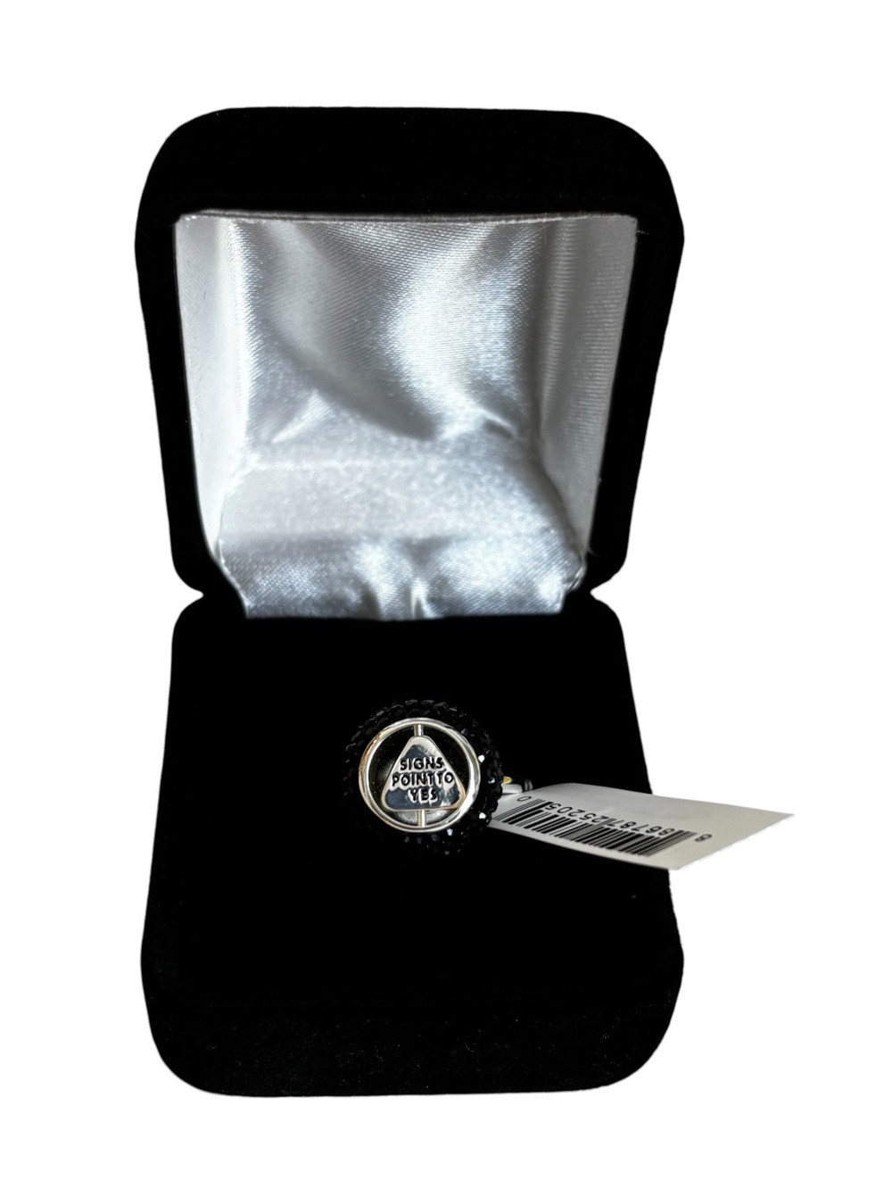 Black Pave Crystal Magic 8 Ball Ring w/ Dbl Sided Moveable Fortune Triangle.